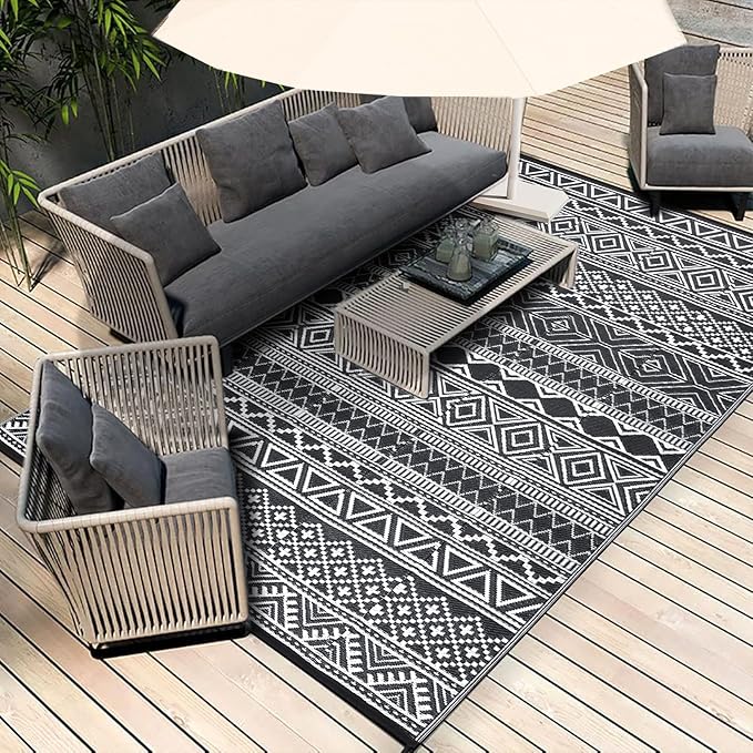 GAOMON Outdoor Rug Waterproof 8'x10', Reversible Outdoor Plastic Straw Rug, Boho Patio Rug, Indoor Outdoor Carpet, RV Mat Outside for Patio, Camp, Picnic, Balcony, Deck, Black/White(Bohemia)