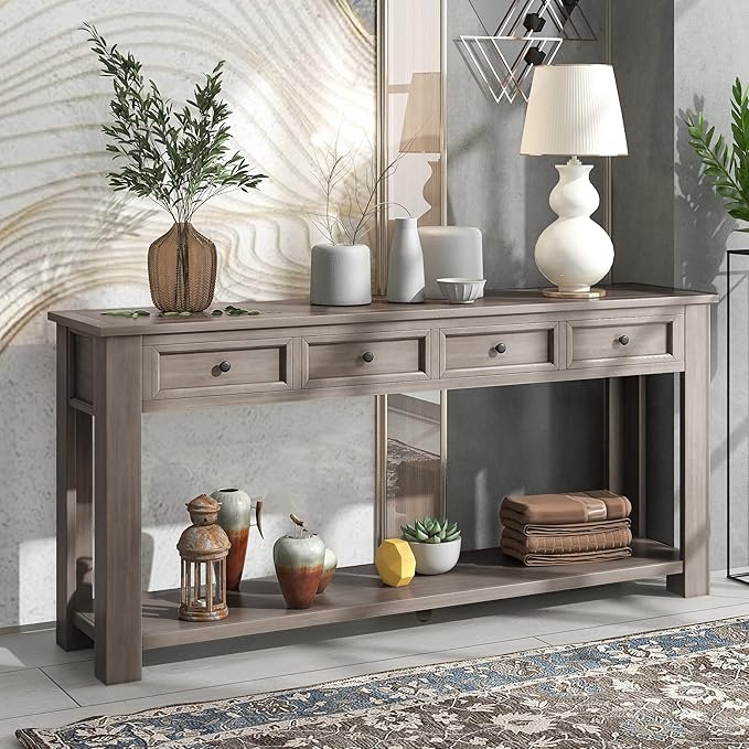Solid Wood Console Table,Long Sofa Table Entryway Table with 4 Drawers and Bottom Shelf for Hallway Living Room Couch Table,Fully Assembled (63" Gray Wash)