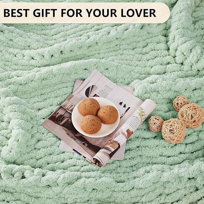 L'AGRATY Chunky Knit Blanket Throw: 50''x60'' Chenille Chunky Knitted Throw Blanket for Bed Couch - Handmade Thick Big Cable Knit Blanket - Large Crochet Rope Blanket for Home Decor(Milky Green)