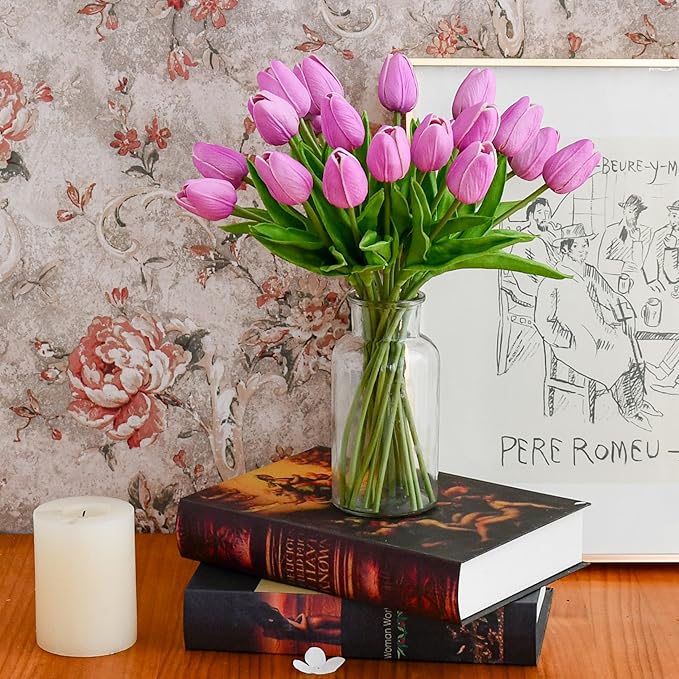 Mandy's Artificial Tulips 20 Stems Lavender PU Faux Flowers for Wedding Home Decor 13.5 Inch