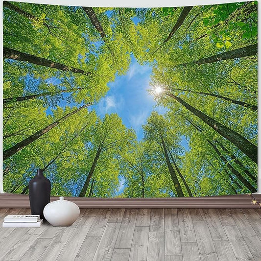 AMM Nature Forest Tree Celling Tapestry Lush Green Treetops Sunlit Tapestry for Bedroom Aesthetic Sky Sunlight Canopy Leaves Landscape Tapestries Wall Hanging for Living Room Dorm Office 48 x 36 Inch