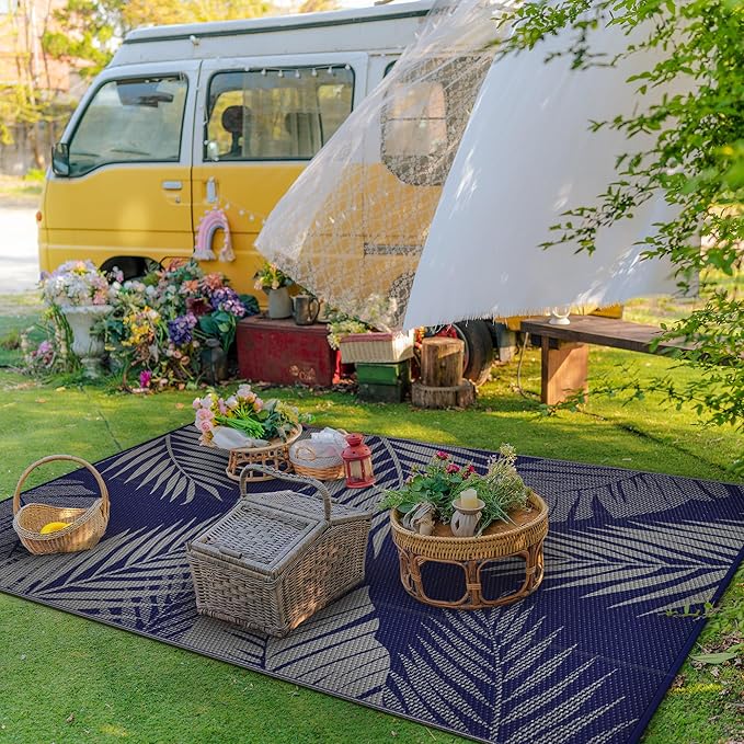 GENIMO Outdoor Rug 4' x 6' Waterproof for Patios Clearance, Reversible Outdoor Plastic Straw Camping Rug Carpet, Large Area Rugs Mats for RV, Camper, Deck, Balcony, Porch, Beach, Picnic Navy Blue&Grey