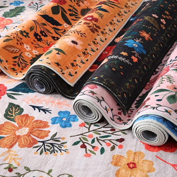 Door Mat Indoor Entrance 2x3 Rug Machine Washable Boho Floral Small Area Rug Non-Slip Low Pile Throw Rugs for Entryway, Kitchen, Front Door Indoor Entrance, Entry, Kids Room (Black)