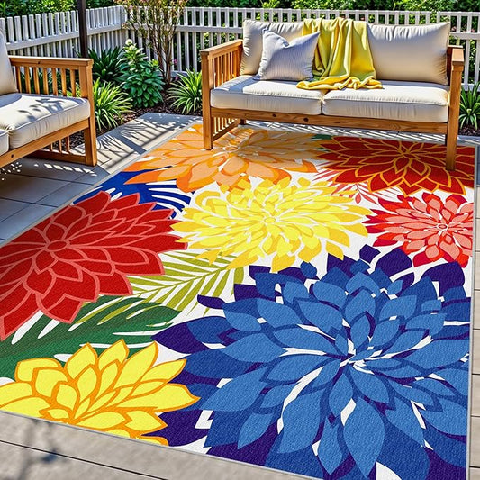 Indoor Outdoor Area-Rug Washable Multicolored Patio Rug Tropical Botanical Modern Floral Indoor Outdoor Carpet Non-Slip for Patio, Deck, Backyard, Porch (5x8)
