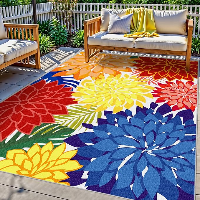 Indoor Outdoor Area Rug 8x10 Patio Washable Multicolored Patio Rug Tropical Botanical Modern Floral Indoor Outdoor Carpet Non-Slip for RV, Pool Deck, Backyard, Porch
