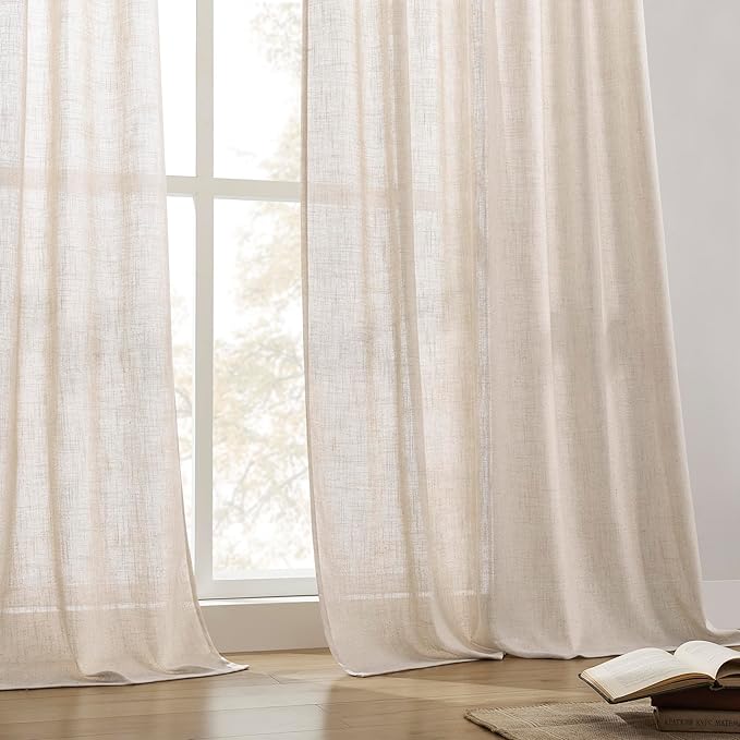 Joydeco Linen Curtains for Living Room,Semi Sheer Drapes Window Long Curtains 108 inches Long Pink Beige