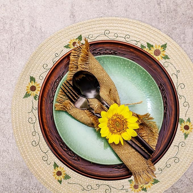 Whaline 4Pcs Round Sunflower Placemats Spring Summer Flower Embroidered Place Mats Floral Dinner Table Mats for Home Holiday Birthday Baby Shower Party Decor