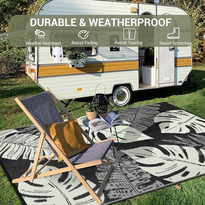 GAOMON Waterproof 8x10 Outdoor Rug Reversible Plastic Straw Rug Modern Patio Carpet, Foldable Lightweight RV Camping Mat with Portable Bag & 4 Stakes, UV Resistant & Sturdy for Picnic, Beige