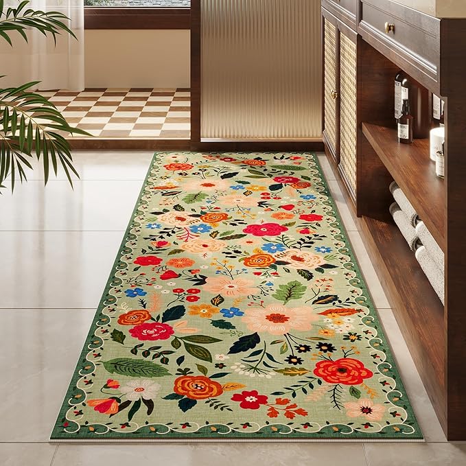 Runner Rug for Hallways Kitchen Rug Non Slip 2'6''x8' Washable Runner Rugs with Rubber Backing Soft Floral Carpet Runner for Hallways, Kitchen, Laundry, Bedroom, Bathroom(Green)