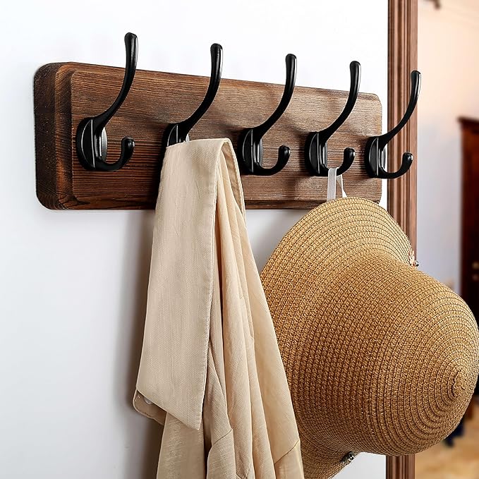 Dseap Wall Mounted Coat Rack: Patented, Heavy-Duty, 17.4" Long 5-Double-Hooks Wooden Hanger Rail for Winter Coats, Hat, Jacket, Clothing - Natural & Black
