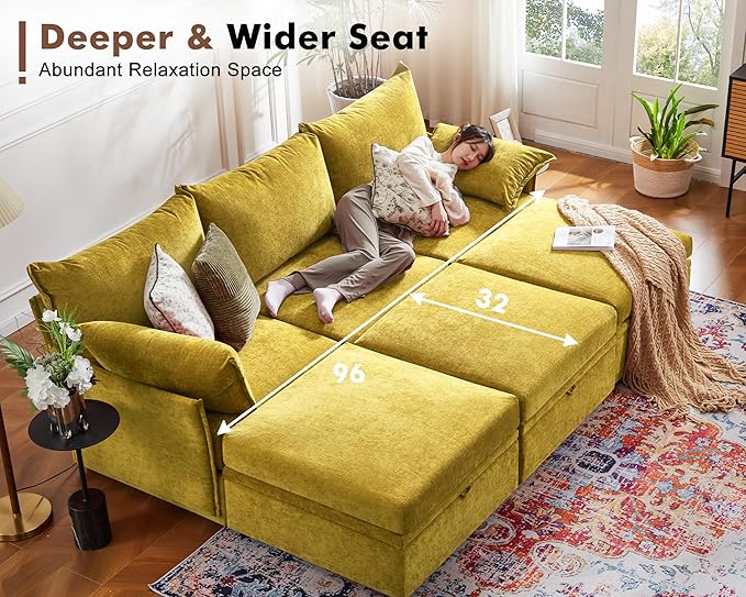 134.6" Luxury Modular Sectional Convertible Sofa with Storage Ottoman, L-Shape 5-Seat Oversized Comfy Couch Deep Seat with Reversible Chaise - Chenille Yellow