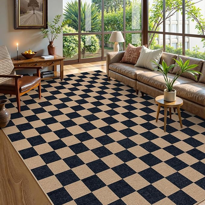 Lahome Checkered Easy Jute Rug, 9x12 Area Rug for Living Room Indoor Outdoor Carpet, Farmhouse Neutral Non Slip Non Shedding Stain Resistance Floor Carpet for Patio Dining Room Backyard