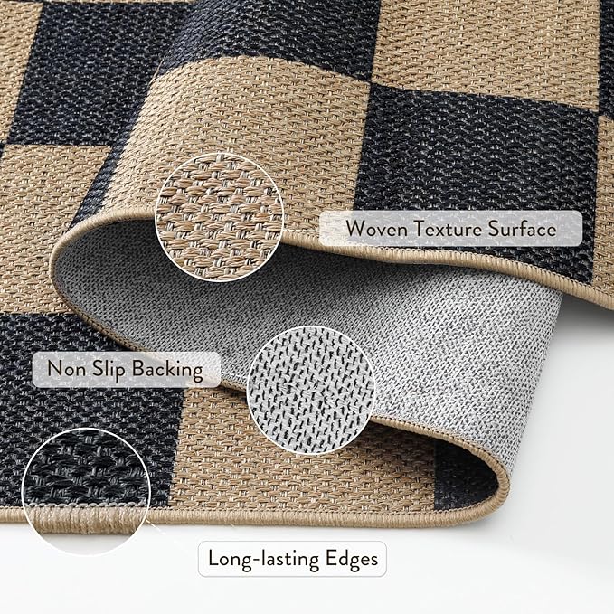 Lahome Checkered Easy Jute Runner Rug, 2x8 Kitchen Rug Non Slip Washable Outdoor Runner for Entryway Indoor, Checkerboard Black Indoor Outdoor Carpet for Hallway 8ft Entry