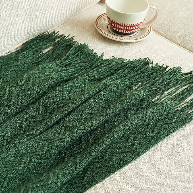 MIULEE Dark Green Knitted Throw Blanket for Couch Boho Textured Cozy Woven Blanket with Tassels for Sofa Chair Bed Living Room Acrylic Wave Pattern 50"x60"