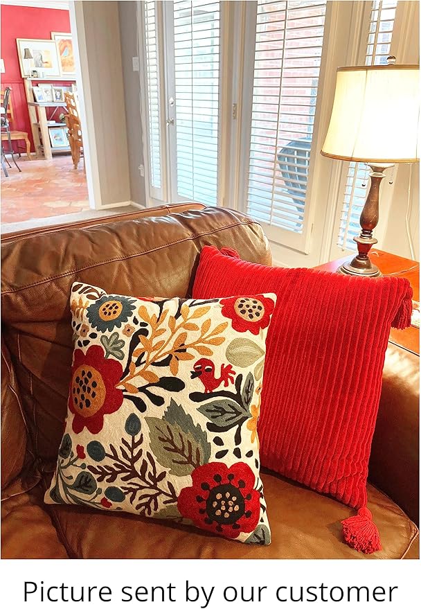 Red Polish Floral Pillow Cover Bird Flower Pillowcase Floral Outdoor Suzani Cushions Flowery Throw Chair Cushion Farmhouse Pillowsham Hand Embroidered Wool 18x18 Inch