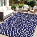 OLANLY Outdoor Rug 5x8 ft Waterproof, Outdoor Plastic Straw Rug with Geometric Pattern Clearance, Reversible RV Mat for Patio, Camping, Balcony, Deck, Backyard, Navy & White