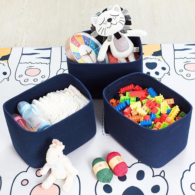 MINTWOOD Design 3-Pack Decorative Woven Storage Baskets for Shelves, Cube Bin Box for Organizing Books, Shoes, Dog Toys, Pantry Closet and Living Room Organizer, Navy Blue