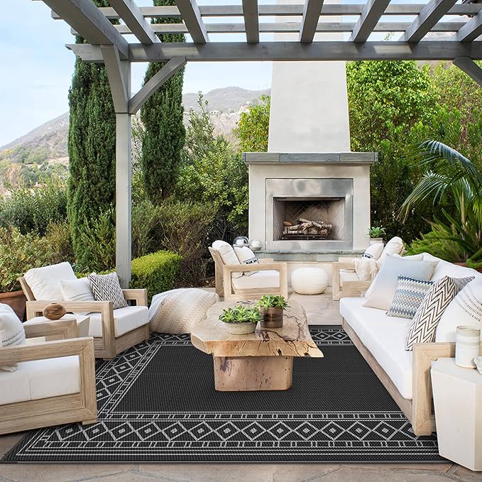 GENIMO Outdoor Rug 5'x8' Waterproof for Patio Decor, Reversible Outdoor Plastic Straw Rug Carpet, Camping Mats for Outdoor, RV, Backyard, Deck, Balcony, Picnic, Black & Grey