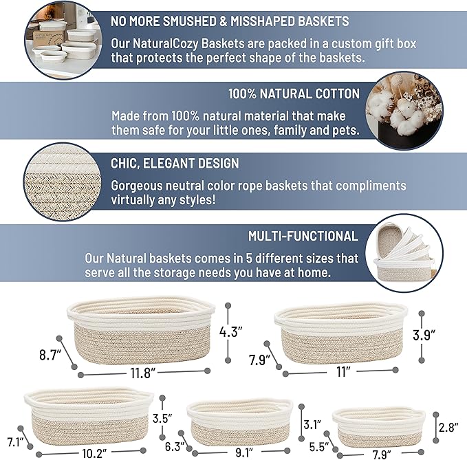 NaturalCozy 5-Piece Rectangle Storage Basket Set- Natural Cotton Rope Woven Baskets for Organizing! Small Basket for Montessori, Baby Nursery, Dog Toy Baskets, Cat Toy Box, Bathroom Organization Bin