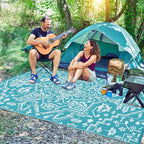 Outdoor Rug 9x12 Waterproof Reversible Plastic Straw Patio Rug, Stain-Resistant Vintage Medallion Carpet, Large Easy-Cleaning Indoor Outdoor RV Mat for Deck, Camping, Balcony, Light Blue/White