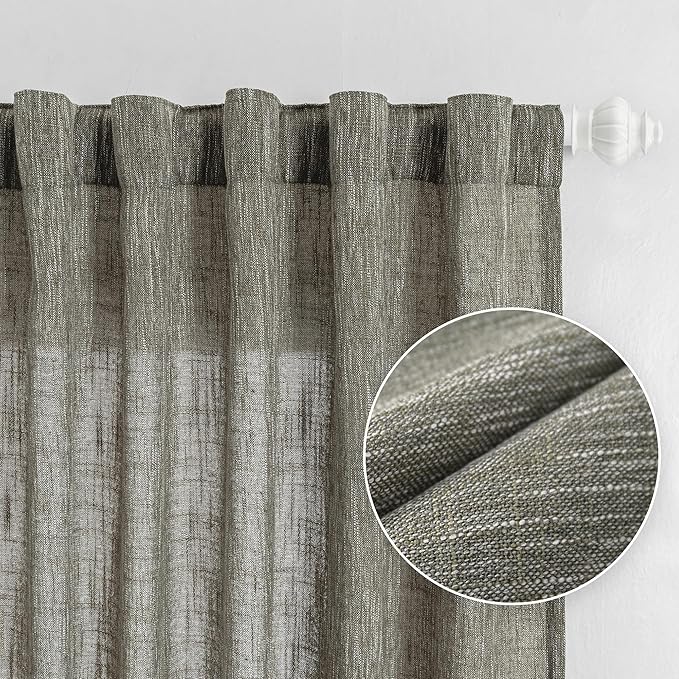 MYSKY HOME Long Sheer Curtains Farmhouse, Sliding Door Curtain for Living Room Light Filtering Privacy Protect Soft Cotton Blend Back Tab Window Drapes Boho, 50" x 108", Olive Green, 2 Panels