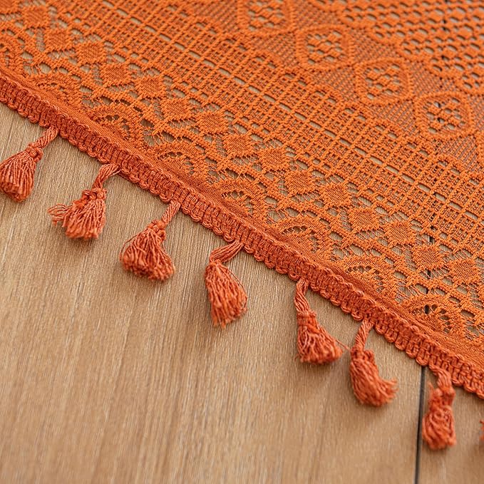Sutuo Home Burnt Orange Boho Curtains 90 inches Long for Bedroom Living Room, Terracotta Crochet Lace Sheer Bohemian Knitted with Fringes,Window Treatment Drapes, Rod Pocket 1 Panel 59" W x 90" L