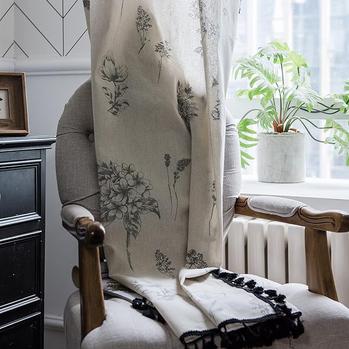 Sutuo Home Boho Curtain with Handmade Tassels, Rod Pocket Window Treatment Vintage Rustic Bohemian French Farmhouse Semi-Blackout Print Drape for Bedroom, 1 Panel 59" W x 84" L,Grey Floral