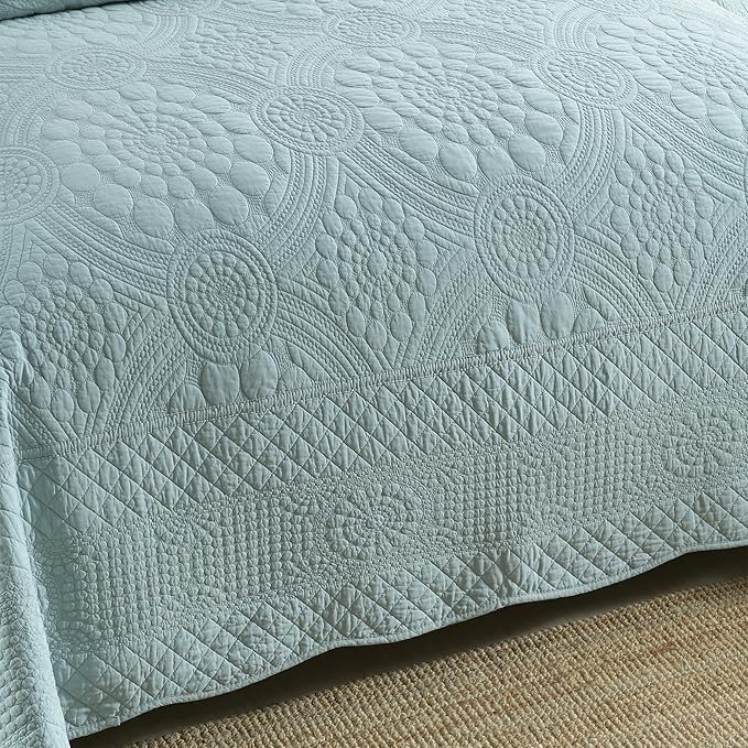 MarCielo 3-Piece 100% Cotton Oversized Bedspread Lightweight Quilt Coverlet Embroidery Farmhouse Bedding (Tf Aruba Blue, Oversized King (118"x106"))