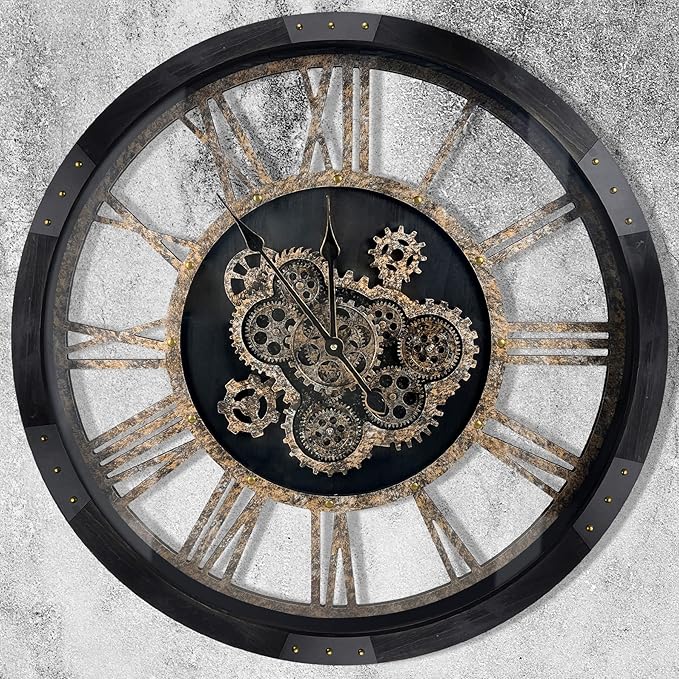 DORBOKER 30" Large Wall Clock Moving Gears,Oversized Industrial Rustic Farmhouse Clocks for Living Room Decor Office Home, Solid Wood Retro Metal HD Tempered Glass Cover,Black and Vintage Bronze