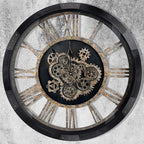 DORBOKER 30" Large Wall Clock Moving Gears,Oversized Industrial Rustic Farmhouse Clocks for Living Room Decor Office Home, Solid Wood Retro Metal HD Tempered Glass Cover,Black and Vintage Bronze