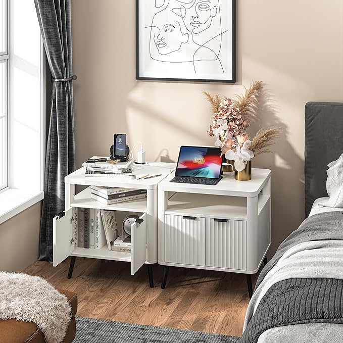 Nightstand with Charging Station, 24" End Table Side Table with Open Shelf, Modern Large Wood Fluted Bedside Cabinet for Bedroom, Living Room, White