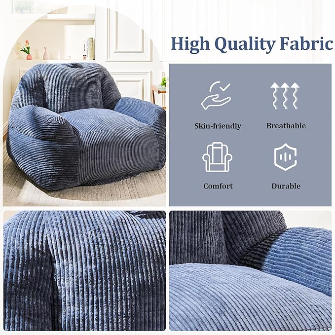 Giant Bean Bag Chair, Faux Fur Bean Bag Chair for Adults, Fluffy and Comfy Bean Bags with Filler, Big Bean Bag Sofa Chair for Reading, Gaming, Stuffed High-Density Foam, Grey