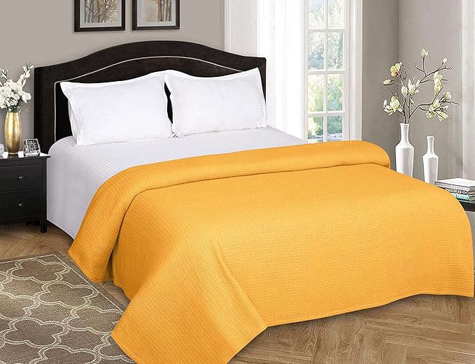 BELIZZI HOME 100% Cotton Bed Blanket, Breathable Bed Blanket King Size, Cotton Thermal Blankets King, Perfect for Layering Any Bed for All Season, Mustard Yellow