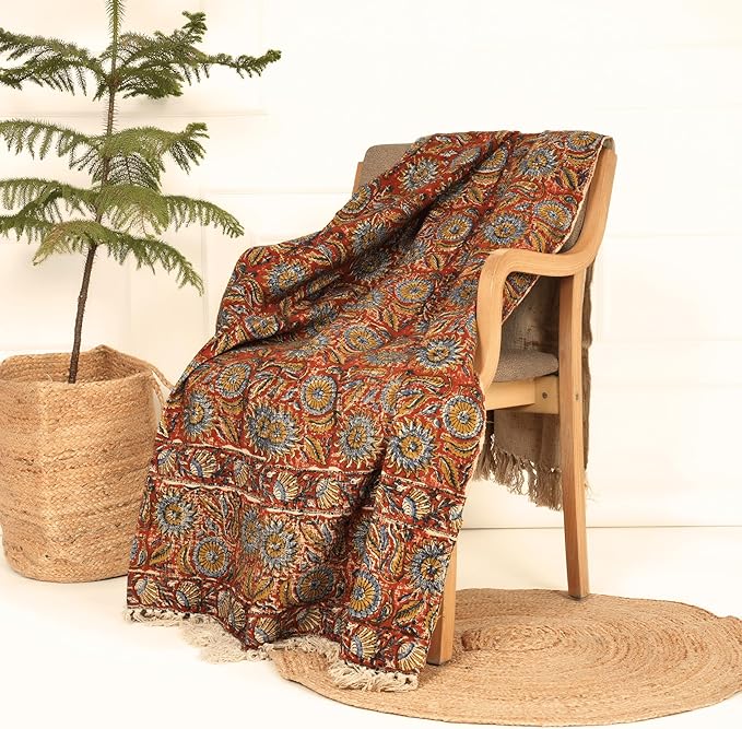 Handmade Cotton Throw Blanket | Floral Block Print in Orange & Navy | 48x70 Inches Fringed Bed Runner | Lightweight Boho Sofa Throw for Couch, Living Room & Bedroom Decor