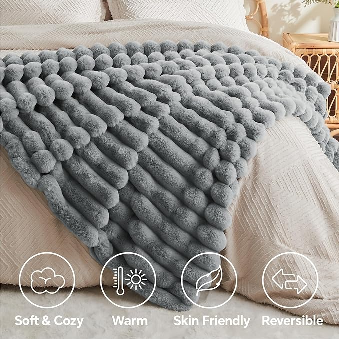 BEDELITE Faux Fur Throw Blanket for Couch, Soft and Cozy Luxurious 3D Striped Fluffy Blanket, 770GSM Thick Warm Plush Fuzzy Faux Rabbit Fur Blanket for Women Gift (Crey, 50"x 60")