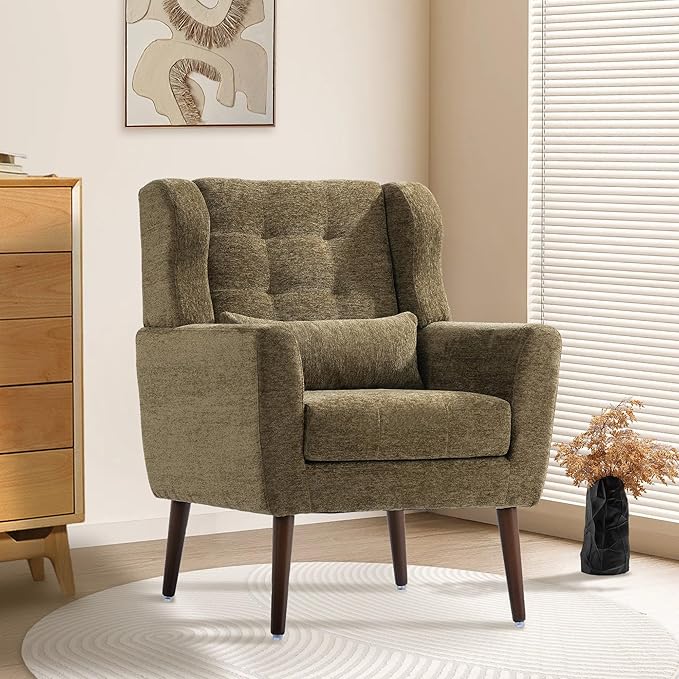 Modern Accent Chair, Upholstered Armchair with Pillow, Fabric Single Sofa Chair with Lounge Seat and Wood Legs Accent Chair for Living Room Bedroom Small Spaces (Avocado, Set of 1)