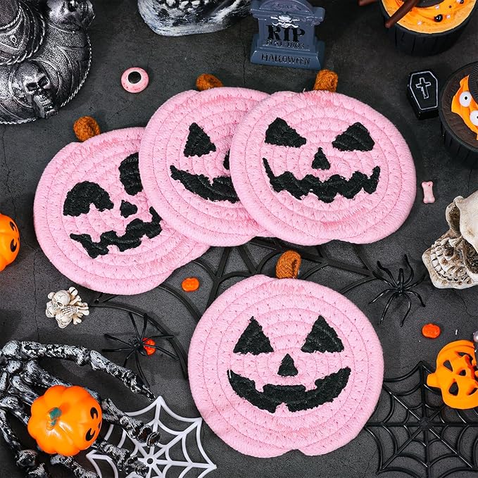 Whaline Halloween Pumpkin Cotton Coasters Pink Pumpkin Face Handmade Braided Drink Coasters Absorbent Cup Mats for Trick or Treat Party Home Table Decor, Set of 4