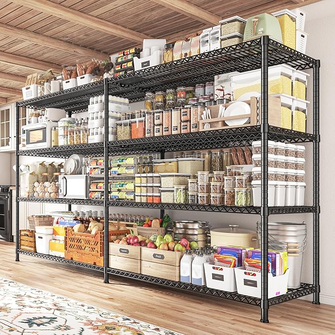 REIBII 81.5''W Storage Shelves 3680LBS Garage Shelving Heavy Duty 4 Tier Metal Shelving Unit Adjustable Wire Shelf and Storage Pantry Shelves for Kitchen Garage，81.5Wx23.62Dx70.86H，Black
