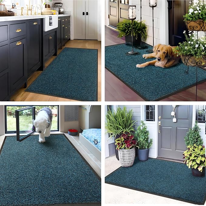 Mibao Front Door Mat, Dirt Trapper Welcome Mat for Outdoor Indoor, Non-Slip Waterproof Doormat, Durable Machine Washable Low Profile Entry Rug for Back Door Outside Patio Porch, 48" x 36", Blue