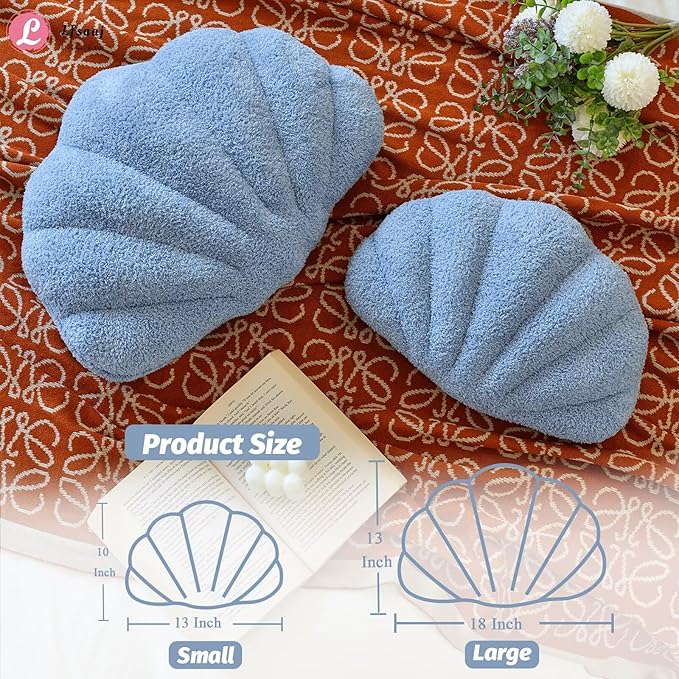Seashell Throw Pillows, Shell Shaped Throw Pillows, 18 Inch Soft Home Decorative Pillow Plush Cushion for Bed Couch Living Sofa Room Decor Accent Throw Pillow (Dusty Blue 18Inch)