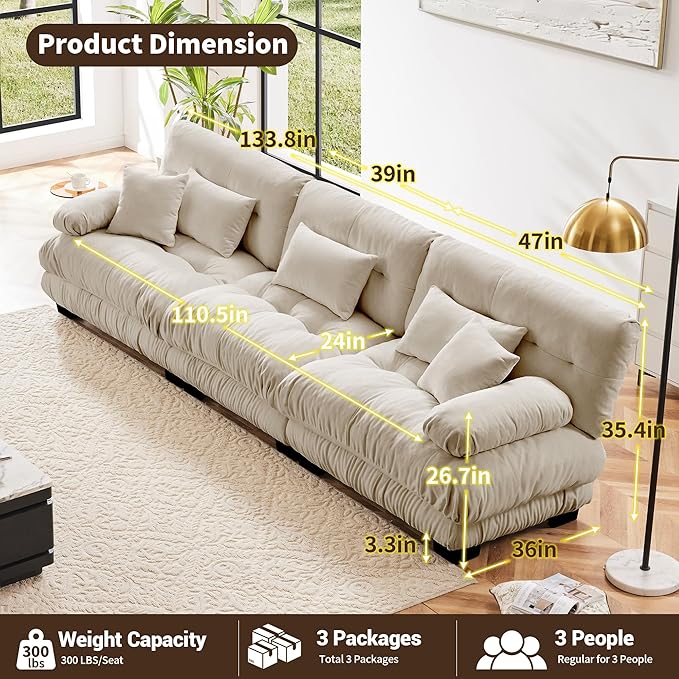 Modular Sectional Sofa Cloud Couch 3-Seater Deep Seat Sofa Couch, Oversized Couch Bed Sectional Couch with Round Bolster Armrests 5 Pillows, Modern Sofa Chair Comfy Couch