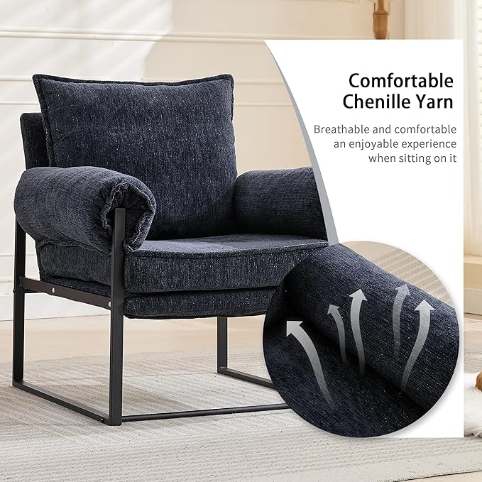YISHENG Accent Chair with 6-Angle Adjustable Backrest, Chenille Fabric Living Room Chair Upholstered Lounge Chair, Modern Chair Cozy Reclining Chair for Reading Room, 1PC Dark Blue