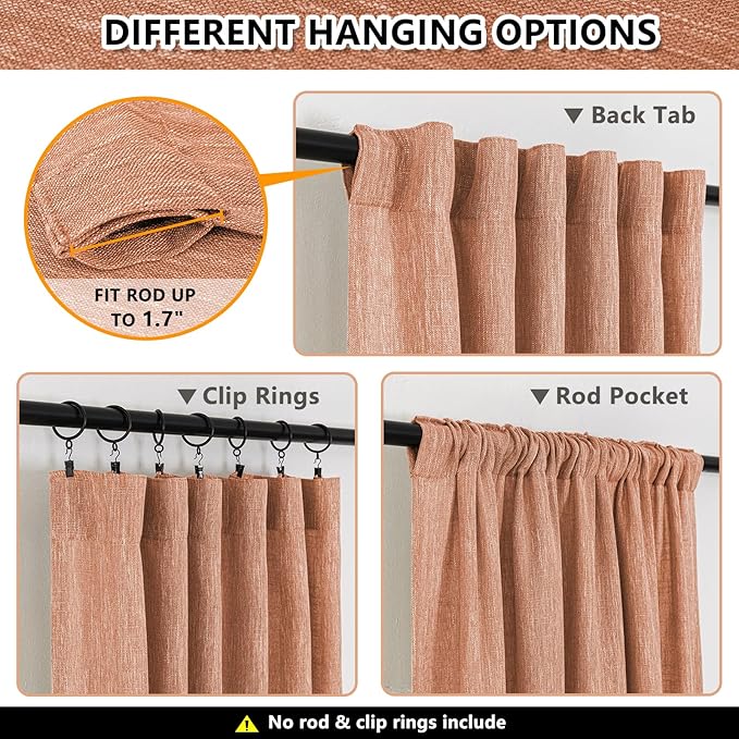 MYSKY HOME 90 Inch Burnt Orange Curtains for Living Room, Sliding Door Patio Drapes for Doorways Soft Semi Sheer Light Filtering Window Decor Back Tab & Rod Pocket, 50" Width x 90" Length, 2 Panels