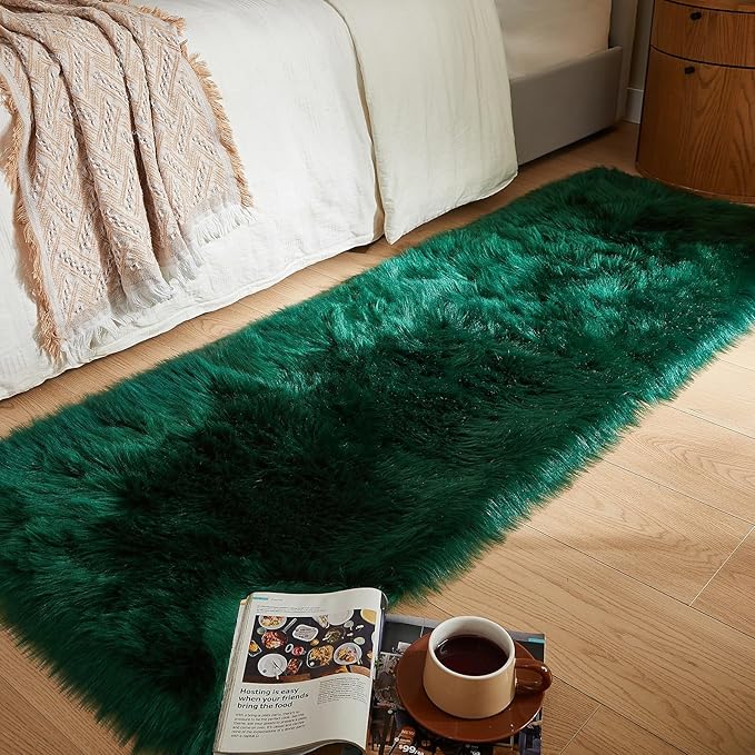 AMTOVO Faux Fur Rug, Dark Green Ultra Soft Fluffy Shag Sheepskin Rug, 2 x 6 ft Runner Area Rugs for Bedroom Sofa Throw Cushion Room Decor, Rectangle