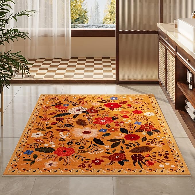 Bedroom Rug 3x5 Rug Washable Area Rug Non Slip Low Pile Boho Floral Small Carpet for Bedroom, Bedside, Kitchen, Entryway, Kids Room, Office, College Dorm Essentials for Girls(Yellow)