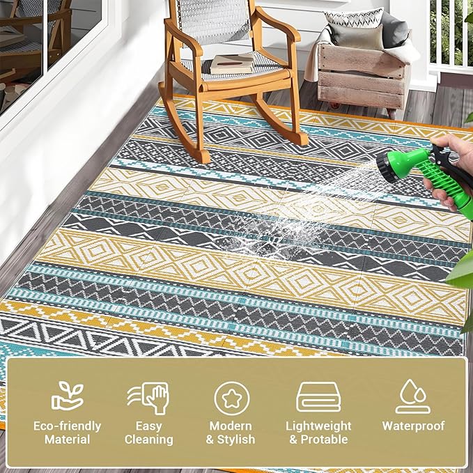 GAOMON Outdoor Rug Waterproof 8'x10', Reversible Outdoor Plastic Straw Rug, Boho Patio Rug, Indoor Outdoor Carpet, RV Mat Outside for Patio, Camp, Picnic, Balcony, Deck, Teal/Yellow(Bohemia)