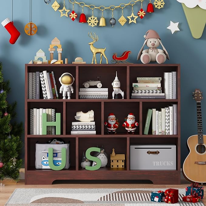 Book Shelf Set of 2, 10 Cubes Storage Organizer, 3-Tier Open Shelf Wooden Bookcase, Freestanding Cherry Bookshelf Cube Shelf for Bedroom, Living Room, Home Office