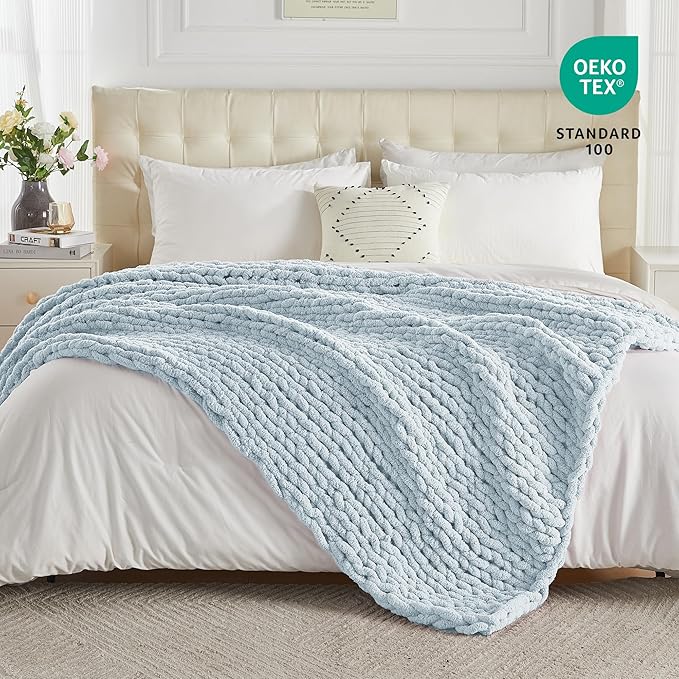 Carriediosa Chunky Knit Throw Blanket 50" X 60", 100% Hand Made Large Chenille Loop Yarn Soft Fluffy Throws for Couch Sofa Bed, Big Crochet Cozy Heavy Thick Cable Woven Blanket, Light Blue