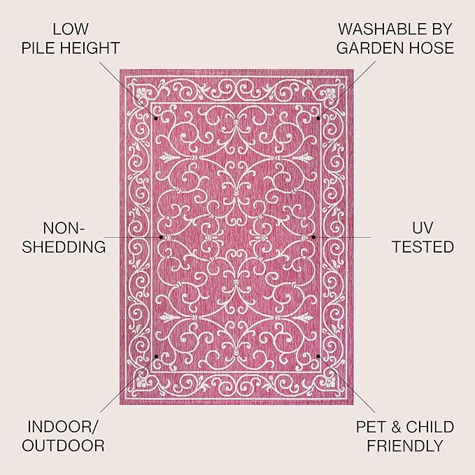 JONATHAN Y Vintage Filigree Indoor Outdoor Area Rug 8X10 Fuchsia/Light Gray, Charleston Textured Weave for Backyard, Patio, Porch, Easy-Cleaning, High Traffic, Pet-Friendly, Non-Shedding (SMB106J-8)