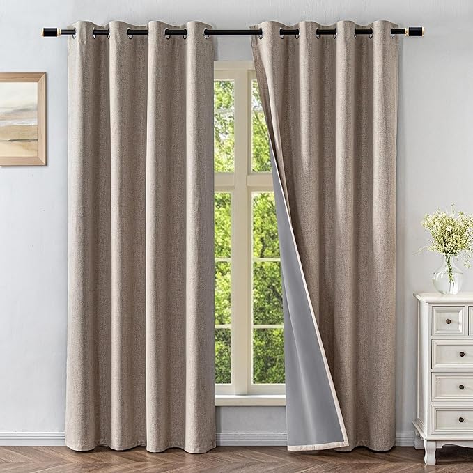 Linen Curtains 90 Inch Length 2 Panels Set, 100% Blackout Curtains Textured Thermal Insulated, Grommet Light Blocking Drapes for Living Room Bedroom Luxury Decor(52W × 90L inch, Linen)